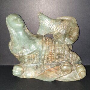 Rare Vintage Hand-Carved Chinese Jade Mermaid & Fish Sculpture 2.5 lbs & 6''